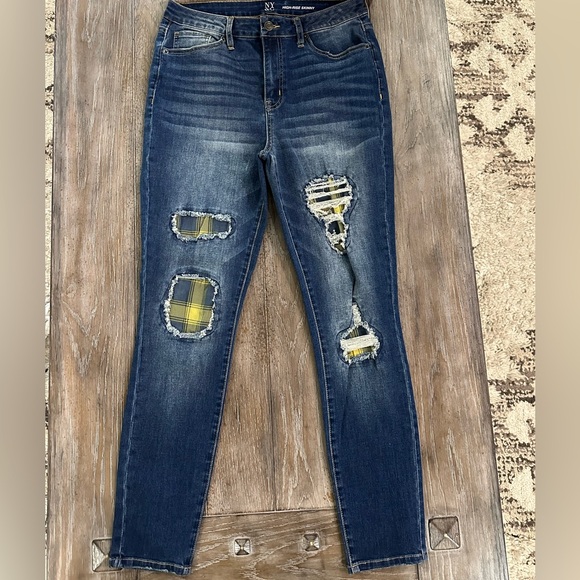 New York & Company Blue Jeans with Yellow Plaid Patches - Picture 1 of 12